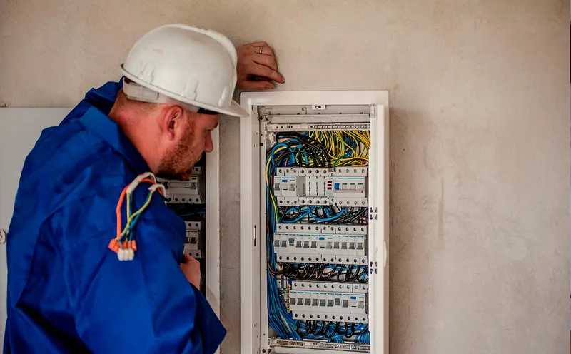 Técnico manipulando instalación eléctrica domiciliaria